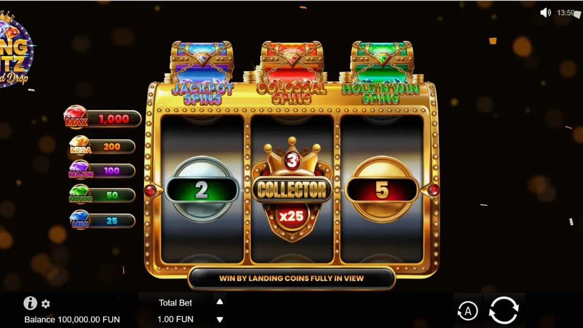 Interface luxuosa do slot Bling Blitz Diamond Drop com diamantes e moedas douradas