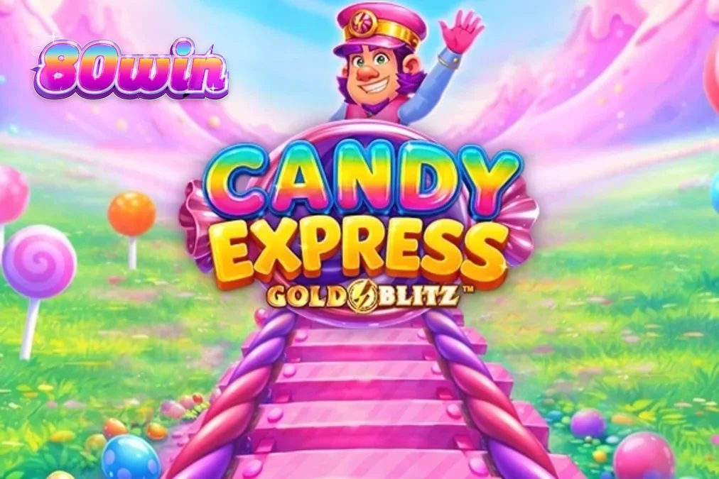 Trem temático de doces percorrendo uma paisagem colorida em Candy Express Gold Blitz